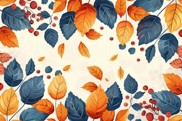 Wall Mural - Autumn-Inspired Hand-Drawn Banner Pattern Featuring Bright Leaves and Berries in Retro Colors