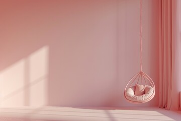 Wall Mural - A cozy pink room with a hanging chair and a window, perfect for a relaxing atmosphere