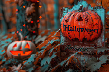  Autumn themed Halloween decoration with wooden signs and pumpkins among fallen leaves.