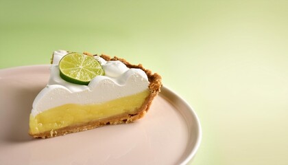 Wall Mural - key lime pie with whripped cream american dessert made with lime juice egg yolks and condensed milk in a pastry dough tart lime pie slice on pastel background with copy space