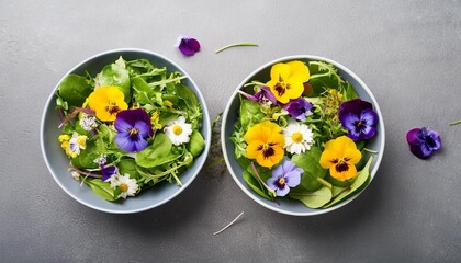 Wall Mural - green salad leaves sprouts with edible flowers in bowl grey background close up top view