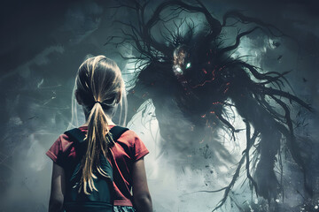 Haunting image of girl facing monster