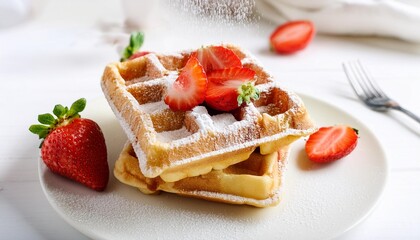 Wall Mural - belgian waffles with strawberries and powdered sugar on white table summer food concept soft focus