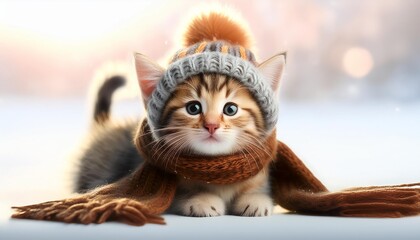 Wall Mural - cute kitten wearing a scarf and warm hat generative ai