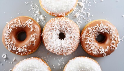 appetizing donuts with cream and coconut flakes top view