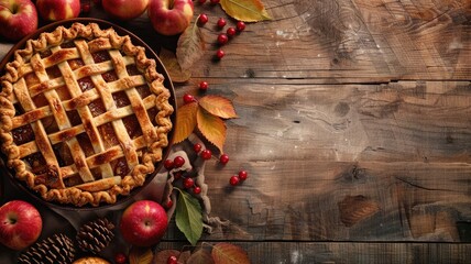 Wall Mural - Lattice-topped apple pie with fresh apples and autumn leaves on rustic wooden table