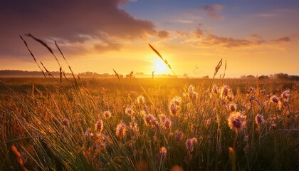 beautiful morning natural summer landscape with a field of wild grass and textured expressive sky vibrant gold sunrise over a rural landscape