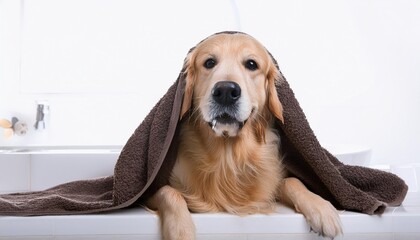 Wall Mural - beautiful golden retriever after bath with towel