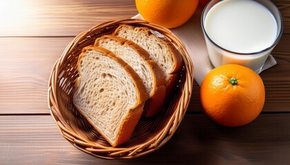 Wall Mural - whole wheat bread in basket with orange and milk breakfast meal on wood background