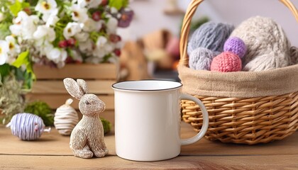 Wall Mural - easter blank mug pod product mockup with empty space on table with yarn wool knitted toy bunny basket and flowers in the background for creative crafting earthy rural farmhouse boho style marketing