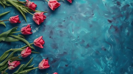 Wall Mural - top view of blue backdrop with fresh flowers and empty space