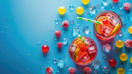 Wall Mural - Two colorful beverages with ice, fruit, and straws on blue surface scattered fruit jelly candies