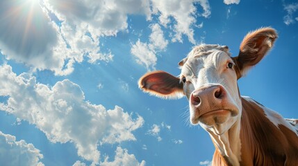 Poster - Close-up of a Curious Cow Under a Blue Sky. This unique AI-generated image captures a cow gazing at the camera. Perfect for websites, ads, and media. High-quality, vibrant, and engaging. AI