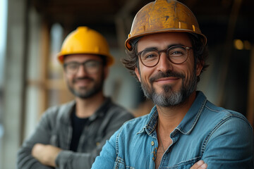 A portrait of few smiling male construction workers and a real estate agent standing with crossed arms in a new apartment under decoration, looking at the camera, wearing a helmet during daylight in t