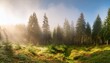 © Jayla - panorama of sunny natural spruce forest with morning fog