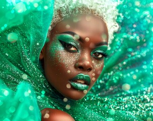 Poster - Vivid portrait of a fashion model with bold makeup and glitter. Vibrant emerald colors dominate. Stunning visual concept. Highly artistic and fashionable. Perfect for creative projects. AI