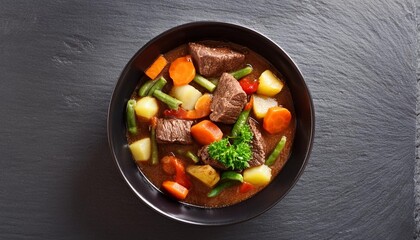 beef meat and vegetables stew in black bowl slate background top view