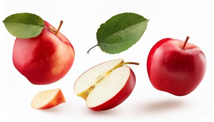 Wall Mural - red apple isolated whole half and apple slice flying on white background red apples with leaves are falling full depth of field