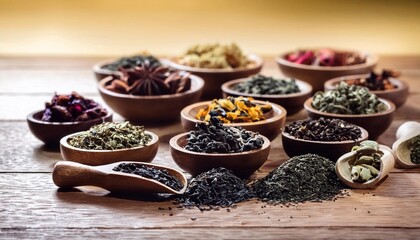 Wall Mural - assortment of dry tea on a wooden table healthy drink