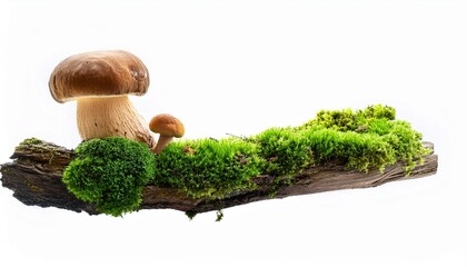 Wall Mural - green moss on rotten branch with mushroom isolated on white side view