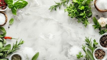 Wall Mural - Fresh herbs and spices on gray stone background