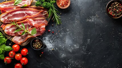 Wall Mural - Assorted fresh herbs, gourmet cured meat, cherry tomatoes, seasonings on dark slate