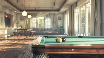 Wall Mural - Spacious room with pool table, wooden floors, and large windows allowing natural light