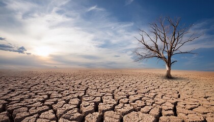 dry cracked land with dead tree and sky in background a concept of global warming