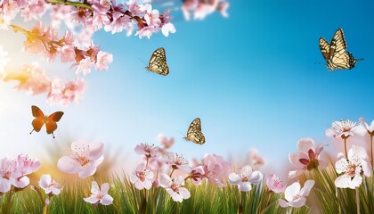 Sticker - colorful meadow flowers with butterfly in the morning nature background cherry blossoms and butterflies against blue sky nature background