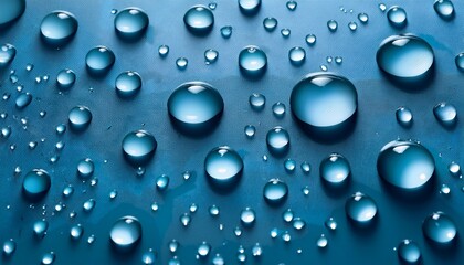 Wall Mural - water drops on smooth surface blue background