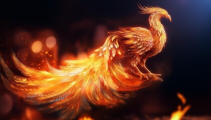 Poster - a phoenix bird with a flame on its back is shown mythical phoenix glowing with ethereal radiance