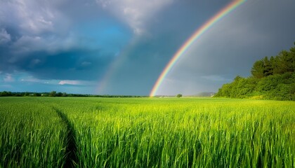 Sticker - a rainbow is seen in the sky over a field of green grass after a rainy afternoon