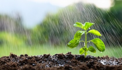 sacred basil sprout in the soil in rain