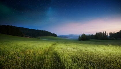 Poster - beautiful night landscape with a green field and forest on the sides