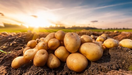 Wall Mural - fresh potatoes messy from ground on farm field with sunset banner panorama generative ai