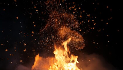 Poster - fire sparks from campfire with ash rise over black background danger explosion