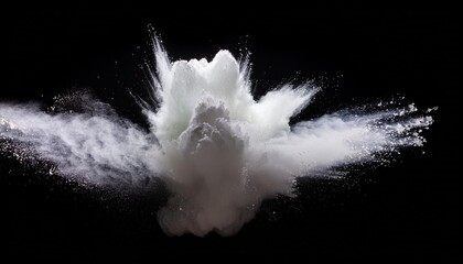 Wall Mural - white powder explosion cloud against black background white dust particles splash