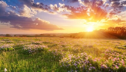 Poster - blooming field or meadow with sunset dramatic sky with sunbeams blooming flowers in the green grass panorama with hdr effect