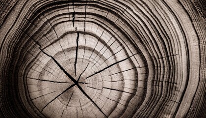 Wall Mural - sepia tones cut wood texture detailed black and white texture of a felled tree trunk or stump rough organic tree rings with close up of end grain