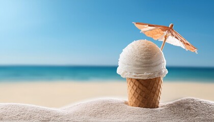 Wall Mural - ice cream on the beach with cocktail umbrella