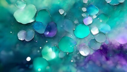 Poster - green blue abstract blurred background with purple and teal watercolor elements