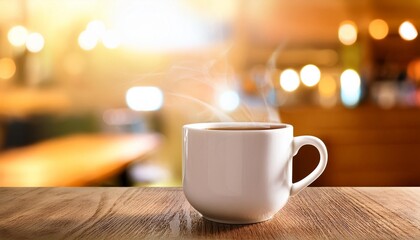 Wall Mural - coffee cup on wooden table with blurr background