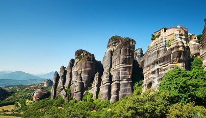 Poster - great rock formation in meteora greece in summer with clear blue sky