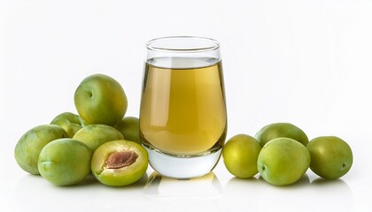 Poster - plum wine and unripe plums on a white background