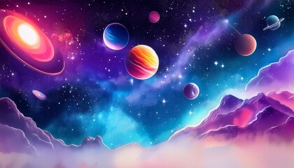 Wall Mural - vibrant watercolor cosmic scene with planets and nebulae wall art wallpaper