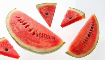 Poster - watermelon slices isolated on white background water melon pattern levitating fresh juicy watermelon pieces closeup