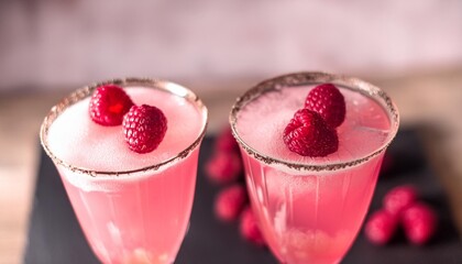 Canvas Print - two pink drinks with raspberries on top