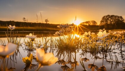 Wall Mural - flowers in the middle of a pond taking on the color of a golden sunset