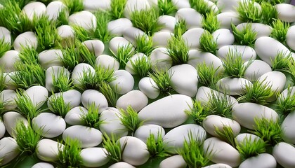 Wall Mural - green grass and white pebble stones background toned image