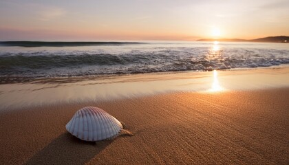 Poster - a serene beach at dawn with a lone seashell in the foreground